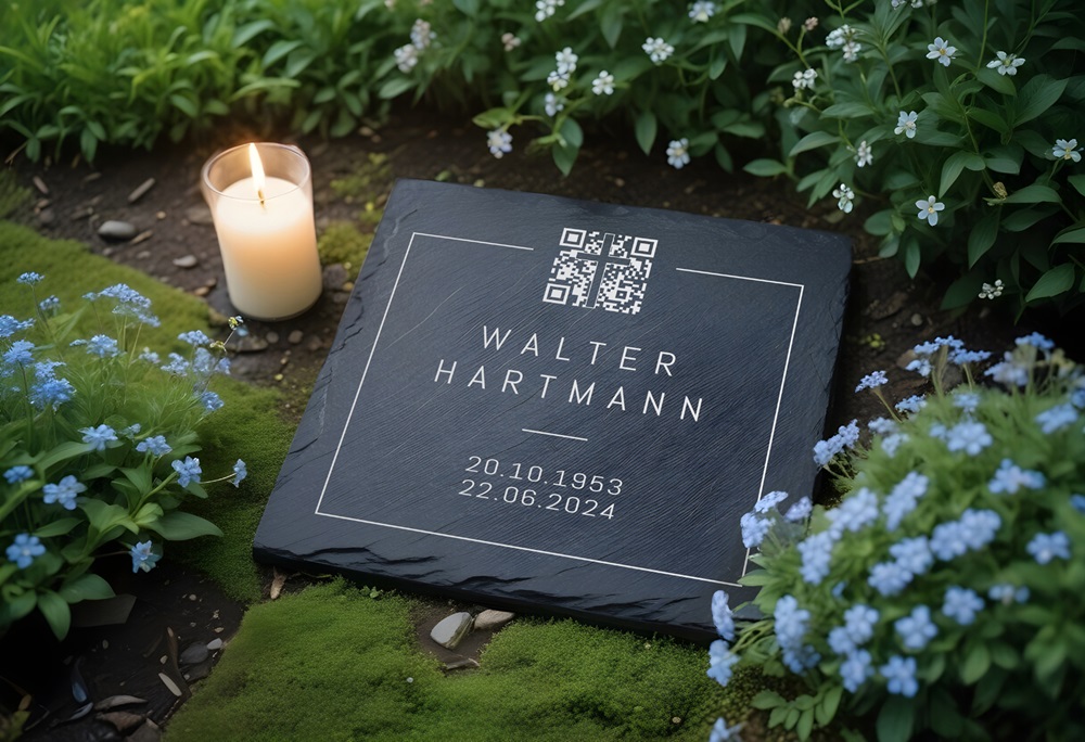 Slate badge with QR code for grave